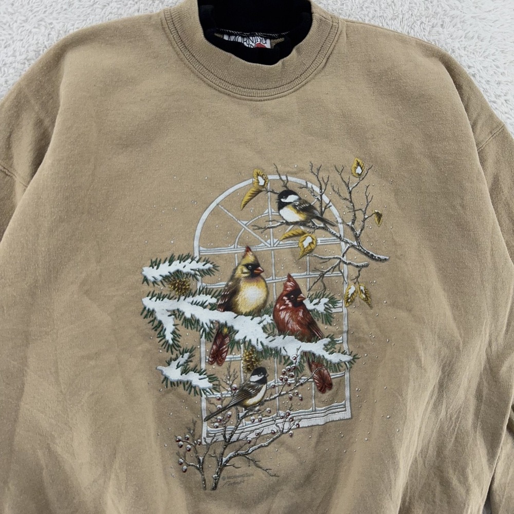 Vintage Morning Sun Sweatshirt Fits‎ Medium Cardinal Chickadee Birds USA Nature